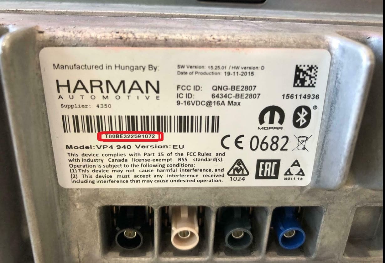 Alfa Romeo Harman VP4 940 serial number radio code QNG BE2807